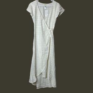 L*space Emilie V-Neck Side Knot Tie Wrap Dress White Tan Stripes Women Small NWT